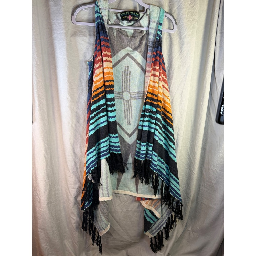 Crazy Train Womens Plus Southwestern Zia Sun Fringe Knit Open Front Vest Multi - Picture 2 of 6